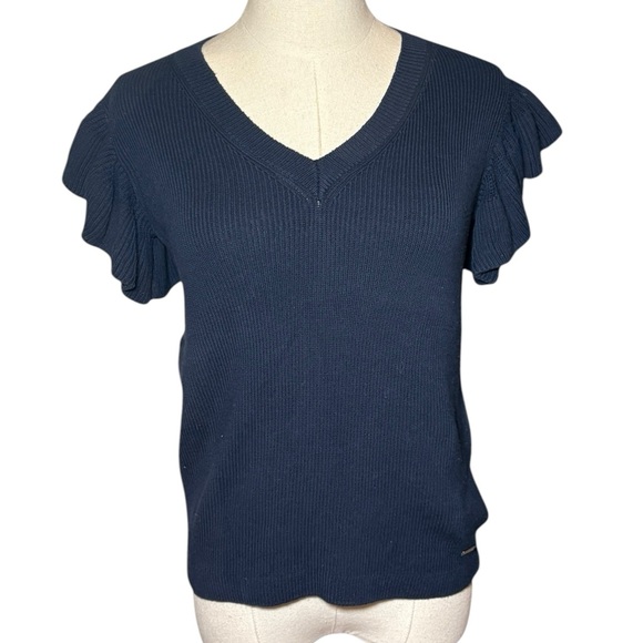Armani Exchange Navy Blue Ruffled Sleeve Sweater Short Sleeve V-Neck Ribbed - Picture 1 of 8